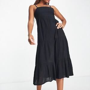 ASOS Isla & Bird Black 100% Cotton Tiered Midi Dress US6 Small Shirred Gauzy